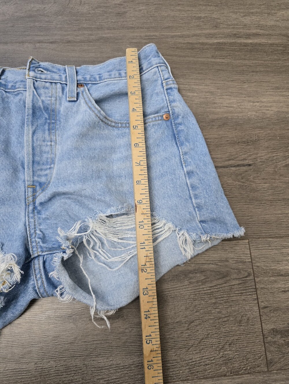 Levi's Light Blue Distressed High-Waist Jean Shorts - Picture 3 of 13